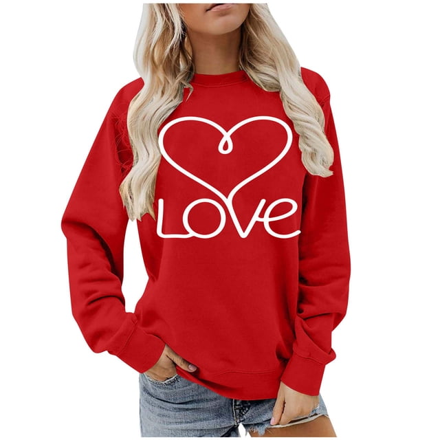 Ounisa Womens Valentines Sweatshirt Love Heart Graphic Print Pullover Casual Long Sleeve Valentine's Blouse Top