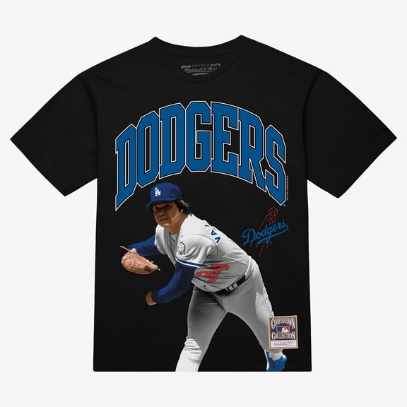 Men's Mitchell & Ness Fernando Valenzuela Black Los Angeles Dodgers Photo Arch Player Graphic T-Shirt