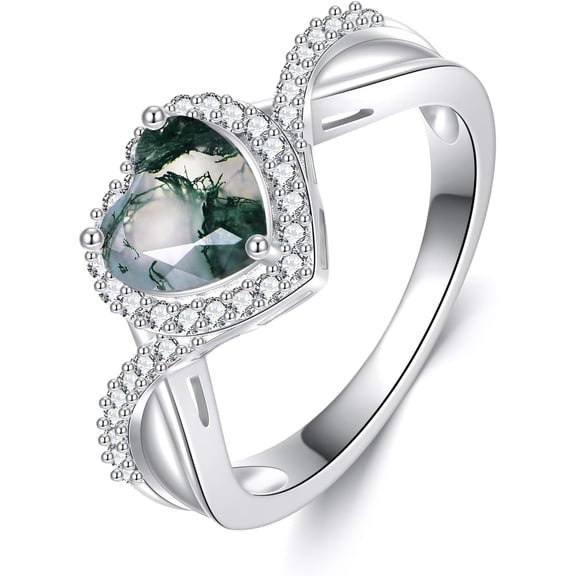 JUSORA Moss Agate Ring 925 Sterling Silver Heart Moss Agate Rings for Women Promise Jewelry Gifts