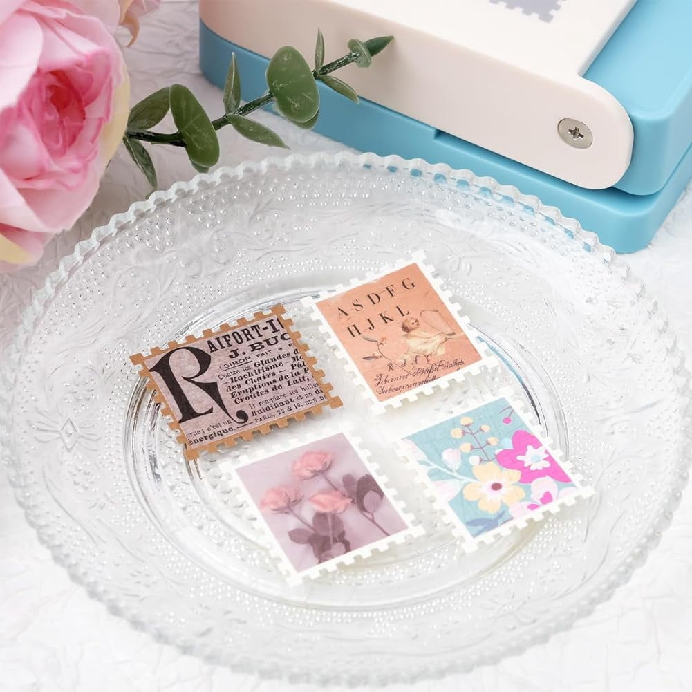 1.5X1.2 Inch Stamp Puncher, Mini Postage Stamp Hole Punch with a Scrapbook, Rectangle Lever Action Paper Stamp Cutter for Paper Crafting Scrapbooking DIY Card Making Arts Crafts Supplies (1)