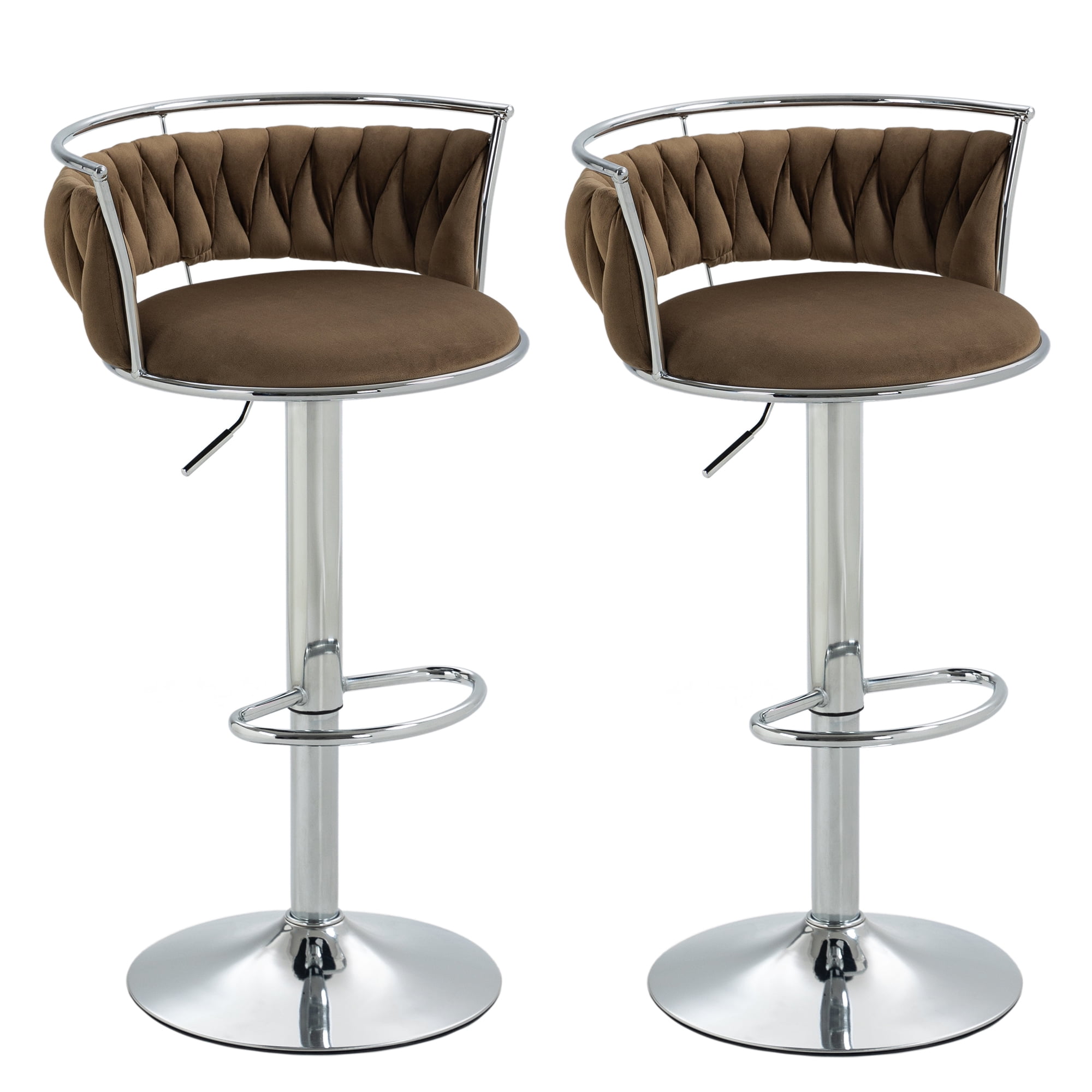 UIXE 360° Swivel Bar Stools Velvet Upholstered Adjustable Bar Chairs Set of 2 Silver Metal Barstool with Back & Footrest for Home and Kitchen, Coffee