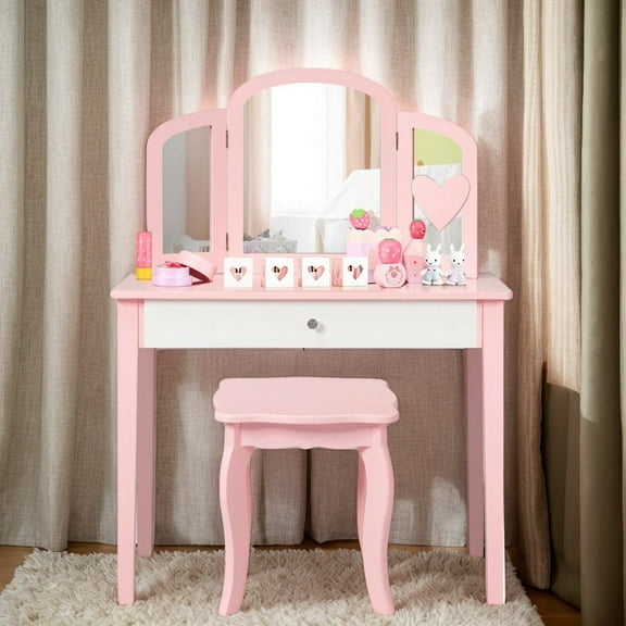 Resenkos Kids Princess Make Up Dressing Table with Tri-folding Mirror and Chair-Pink, Kids Makeup Vanity for Girls Kids