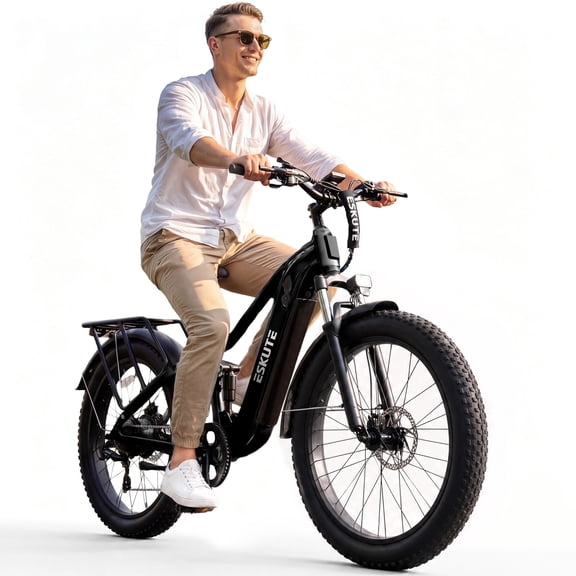 ESKUTE Adult Electric Bike – 750W Motor, 20MPH, 48V 20.8Ah Battery, Up to 80-Mile Range, 26"x4" Fat Tires, Full Suspension, 8-Speed, Black, Class 2