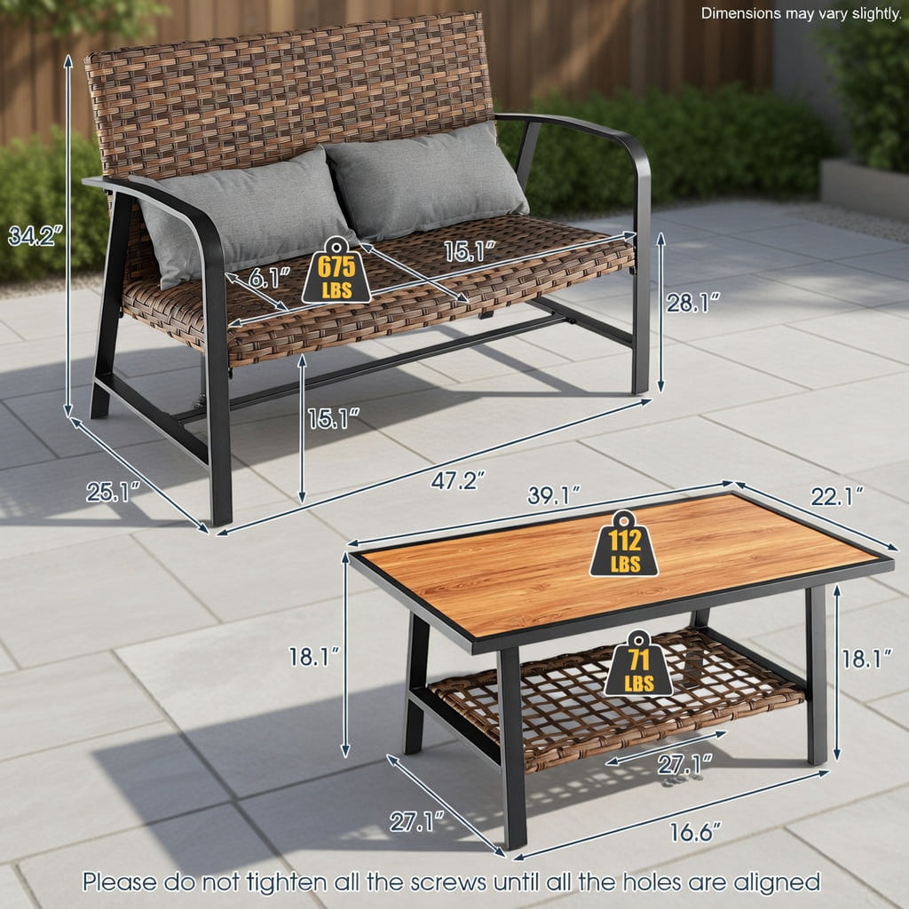 Hommoo 2-Piece Outdoor Rattan Coffee Table & Loveseat Set with Cushions, Storage Shelf, and Lumbar Pillows, Weather-Resistant PE Wicker Patio Furniture for Backyard, Poolside & Garden, Brown