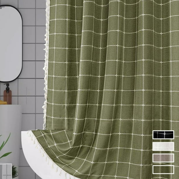 Shower Curtain, Bohemian Farmside Striped Linen Shower Curtain Set With Tassel, Water Repellent Vintage Countries Cloth, Bohemian Heavy Duty, Bohemian Vintage, Countries Decor, Linen Fabric,