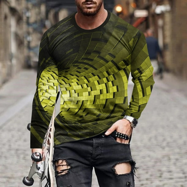 Blusas y camisas de manga larga con cuello redondo para hombre, blusa informal de manga larga con cuello redondo y estampado de rayas, blusa de poliéster para hombre