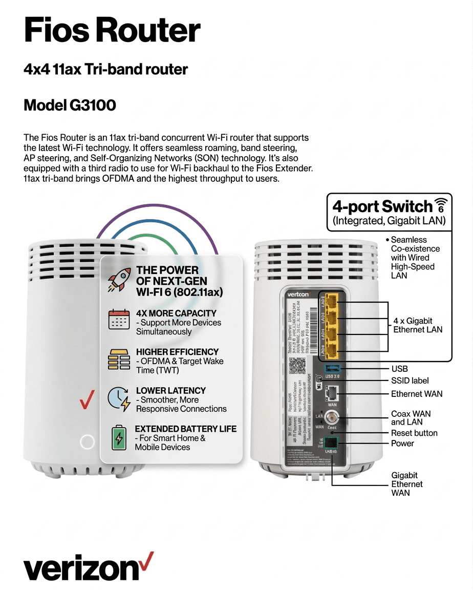 Pre-Owned Verizon G3100 4-Port 1000Mbps Fios Home Router Tri-Band White W/ AC Power Cord