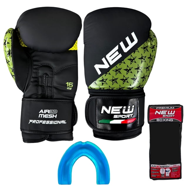 Guantes de Boxeo 16 Oz Onzas New Sport Kit con Protector Bucal Muay Thai Kick Boxing Mma Box con Malla Transpiracion Mod Stars