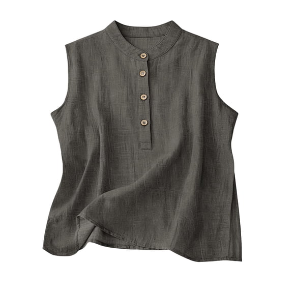 cocolona Summer Linen Tank Tops for Women Crew Neck Sleeveless Botton Shirts Casual Solid Color Blouses