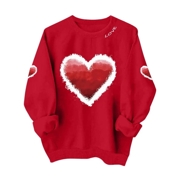 Valentine's Day Sweatshirt for Women Plus Size Red Heart Print Oversized Crewneck Romantic Casual Holiday Top Gift,Size 2XL