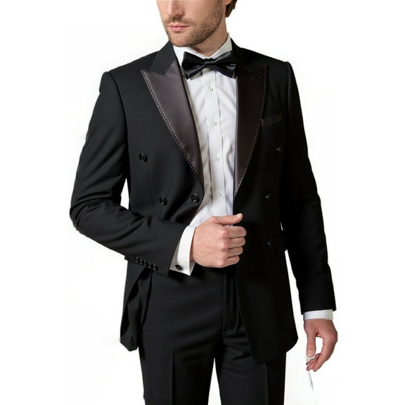 Men's 2-Piece Black Double-Breasted Suit Set: Blazer   Stretch Waist Pants, Bonus Tie, Formal Business Wedding Outfit