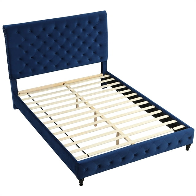 Best Master Furniture Lit Plateforme Complet en Velours Tufté Bleu