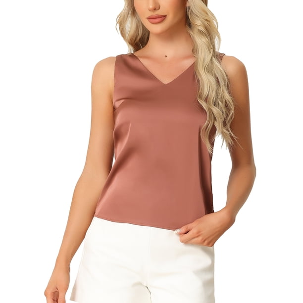 INSPIRAR CHIC Camisones de Satén para Mujeres, Top sin Mangas, Cuello en V, Blusa Casual de Seda XL Rojo Ladrillo