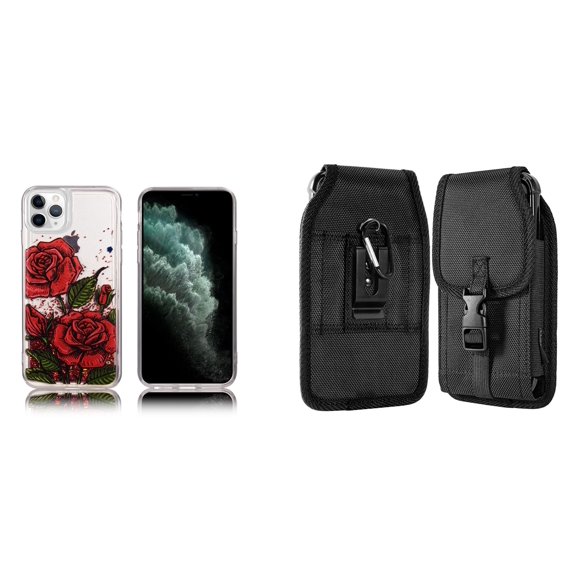 Liquid Glitter Case for iPhone 14 Pro Max and Belt Holster Pouch - Red Rose