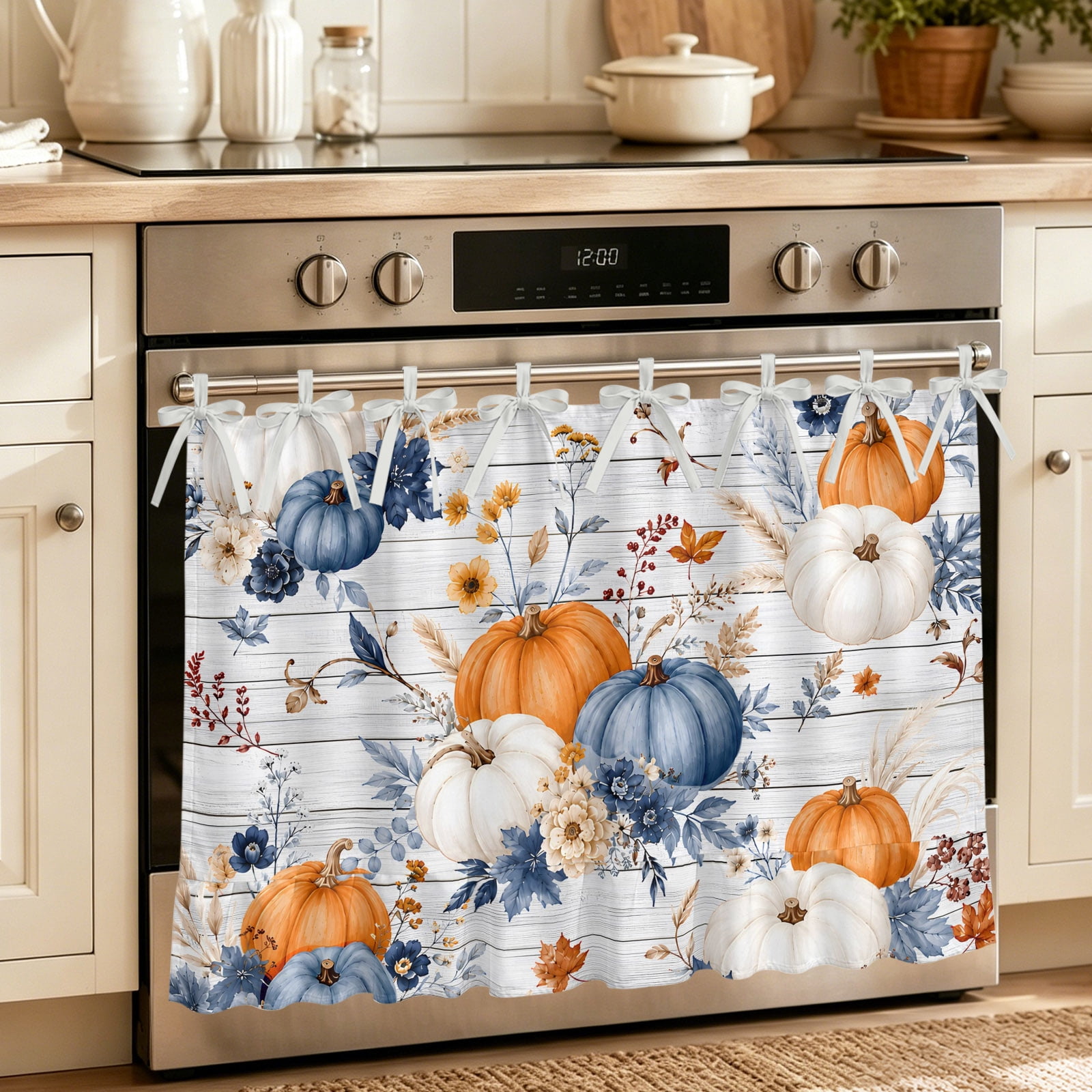 Oven Curtain for Kitchen Thanksgiving Autumn Pumpkin Stove Curtain With Ruffled Trim Dishwasher Curtains Fall Flowers Leaves Wood Grain Oven Skirt 32 x24