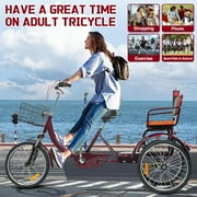 Akaber Adult Tricycle with Rear Seats, 20 3-Wheel, Front and Rear Baskets, Trike for Seniors, Red