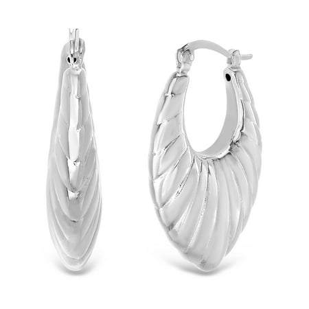Bliss Women's Polished Textured Puffy Leaf Design Hoop Earrings in Sterling Silver