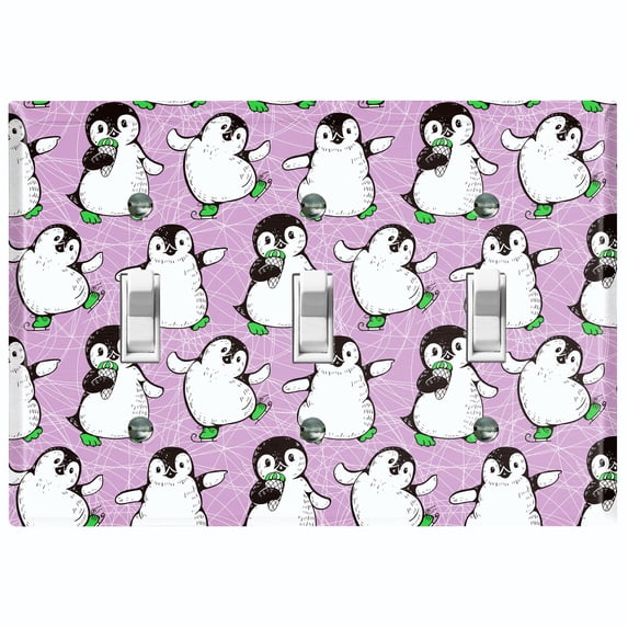 Metal Light Switch Plate Cover Cute Penguins Ice Skating Purple BRD003