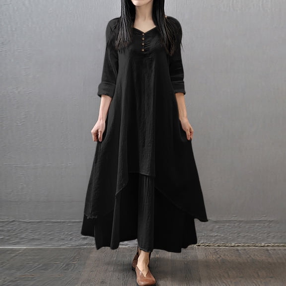 Casual Dresses For Womens Autumn Winter Two Artistic Large Swing Linen Loose Long Sleeve Cotton Linen Dress Holiday Wear