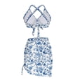 thumbnail image 5 of UTSJKR Women's Blue White Floral Halter 3 Piece Bikini Set, Drawstring Skirt Bathing Suit for Summer Tropical Vacation Beach Wear Blue M, 5 of 7