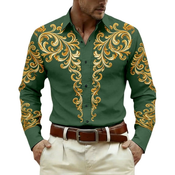 GJSYRH Mens Hipster Printed Slim Fit Long Sleeve Button Up Party Dress Shirts Green L