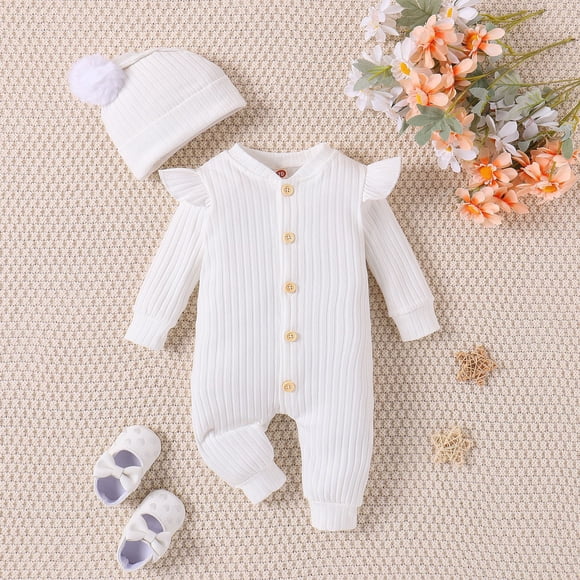TopLLC Girl'S Onesie Newborn Girl Romper Solid Color Fly Sleeve Jumpsuits Onesie+Hat Infant Fall Winter Outfit 3-18 Months Childrens clothes