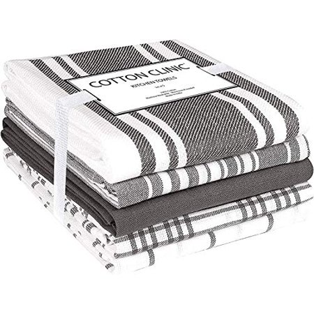 

Cotton Clinic Assorted Kitchen Towels 5 Pack - Soft Absorbent Quick Drying Table and Kitchen Linen - Dish Towels Dish Cloths Tea Towels and Cleaning Towels with Hanging Loop - 16x28 / Grey