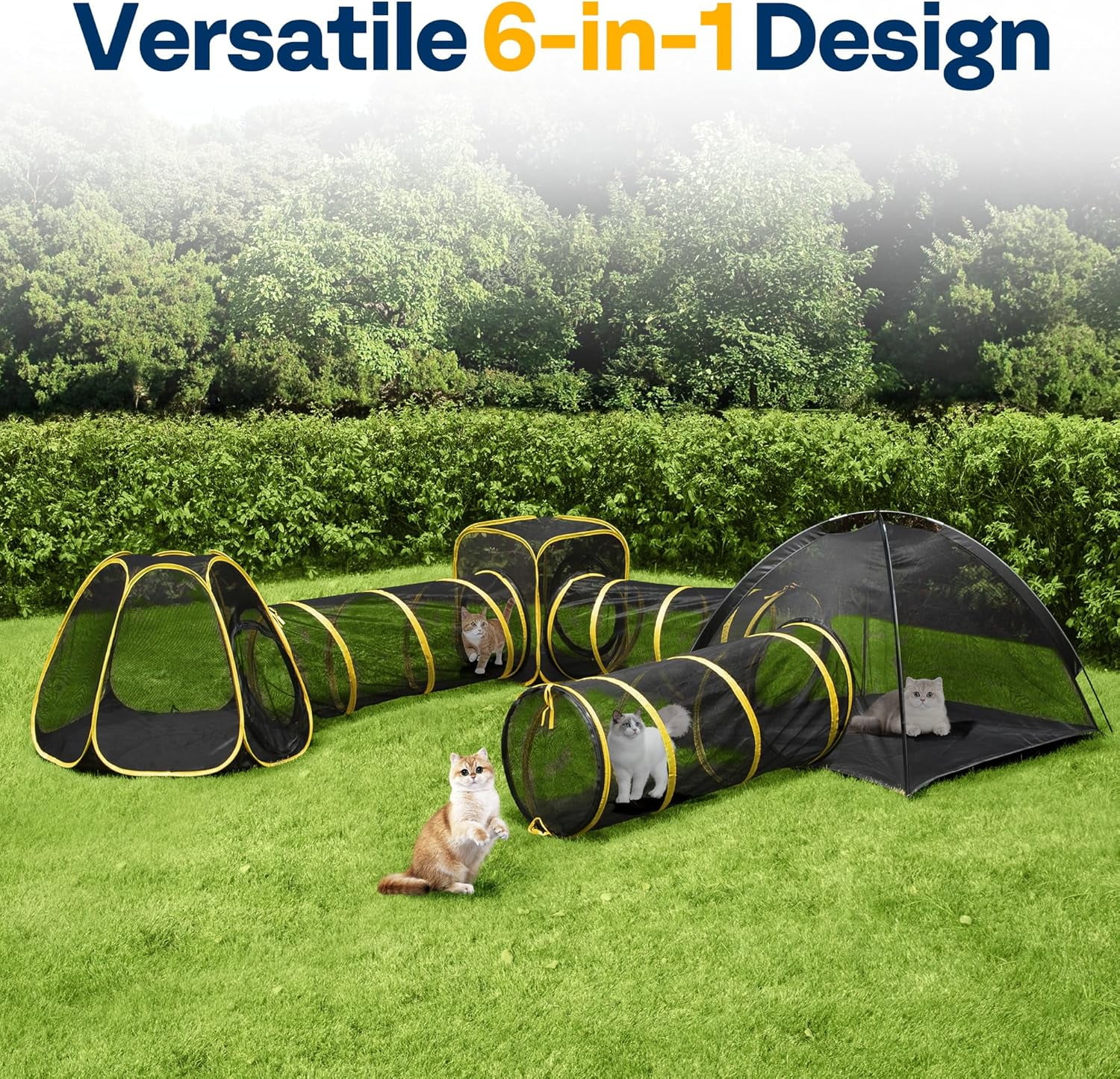 SPECSTAR Outdoor Cat Enclosures 6-in-1 Outside Large Playground Include 2 Cat Tent, 3 Cat Tunnel, Cat Playhouse, Cat Leash, Mint Ball for Feline Friends to Explore in Yard, Balcony, Camping