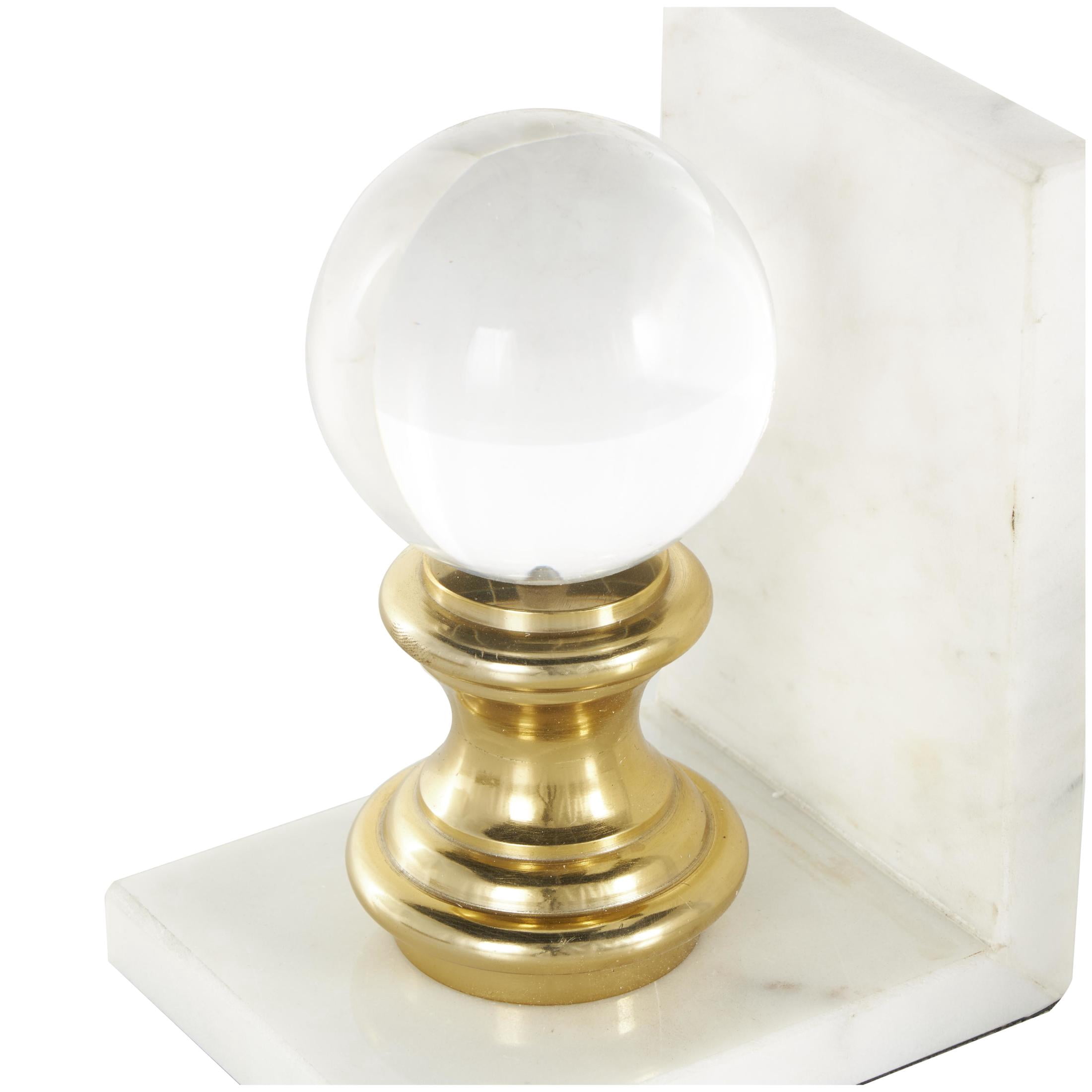 DecMode 5" White Marble Bookends with Glass Orbs and Gold Accents (Set of 2)