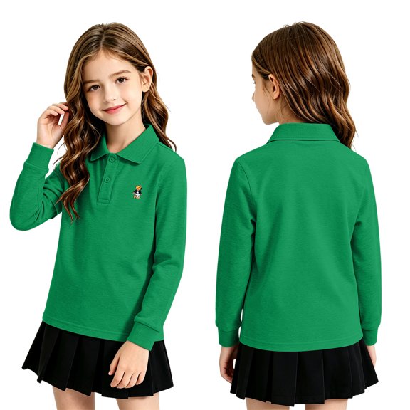 Boys' School Uniform Long Sleeve Polo Shirts Size 10-12 Soft Breathable Collar with Buttons Golf Polos Performance Activewear Tops Dark Green 120