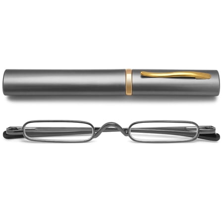 MAGIMODAC Pocket Reading Glasses Compact Men Women Metal Eyeglasses Eyewear With Case (Gray, +2.5)