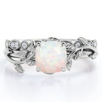 JeenMata Botanical Style - 1.75 Carat Cushion Cut White Opal and Moissanite - Filigree Milgrain Wedding Set - 18K White Gold Plating over Silver