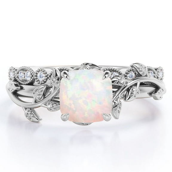 JeenMata Botanical Style - 1.75 Carat Cushion Cut White Opal and Moissanite - Filigree Milgrain Wedding Set - 18K White Gold Plating over Silver