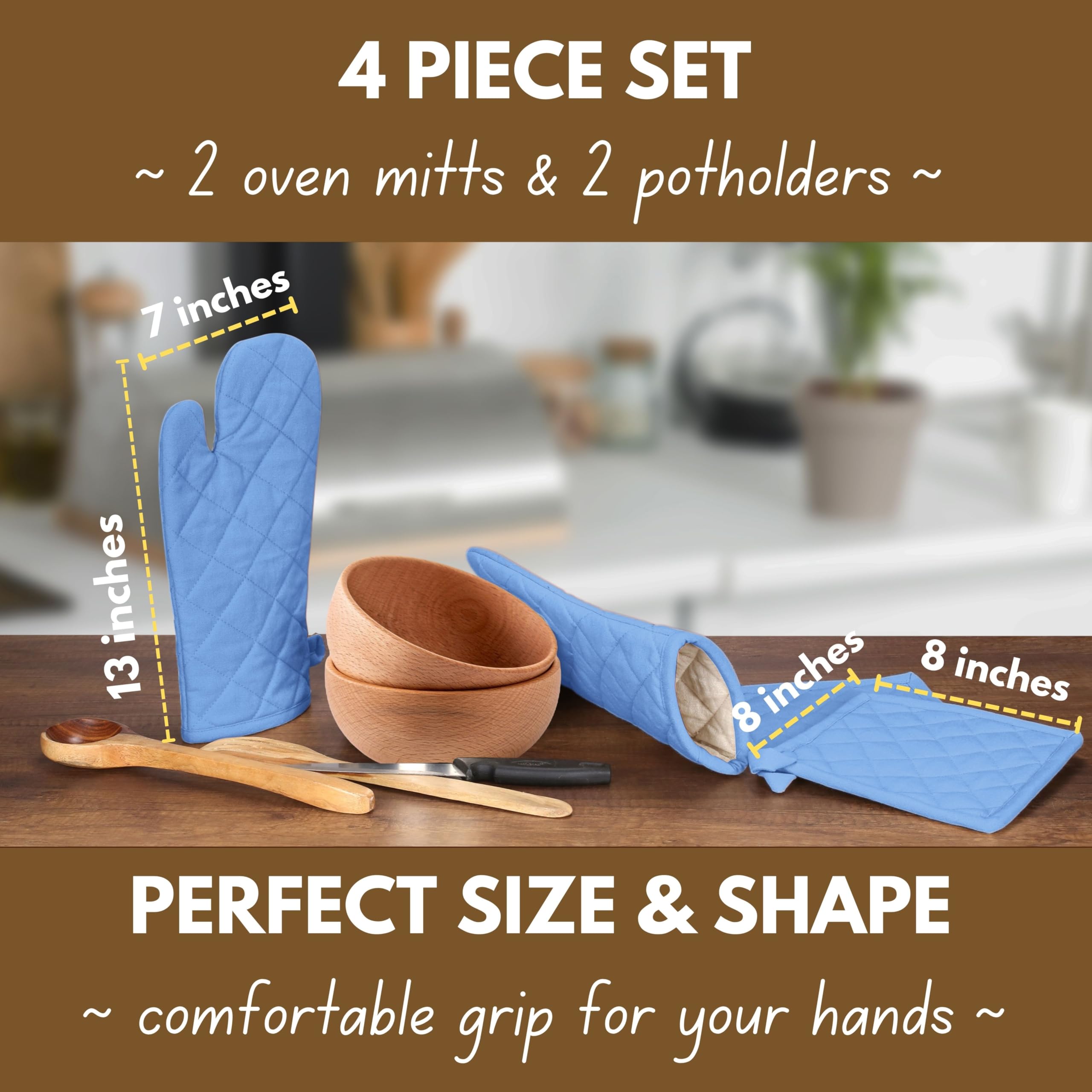 Native Fab 100% Cotton Oven Mitts & Pot Holders for Baking Cooking Hot Pans - 4 Pack - Sky Blue