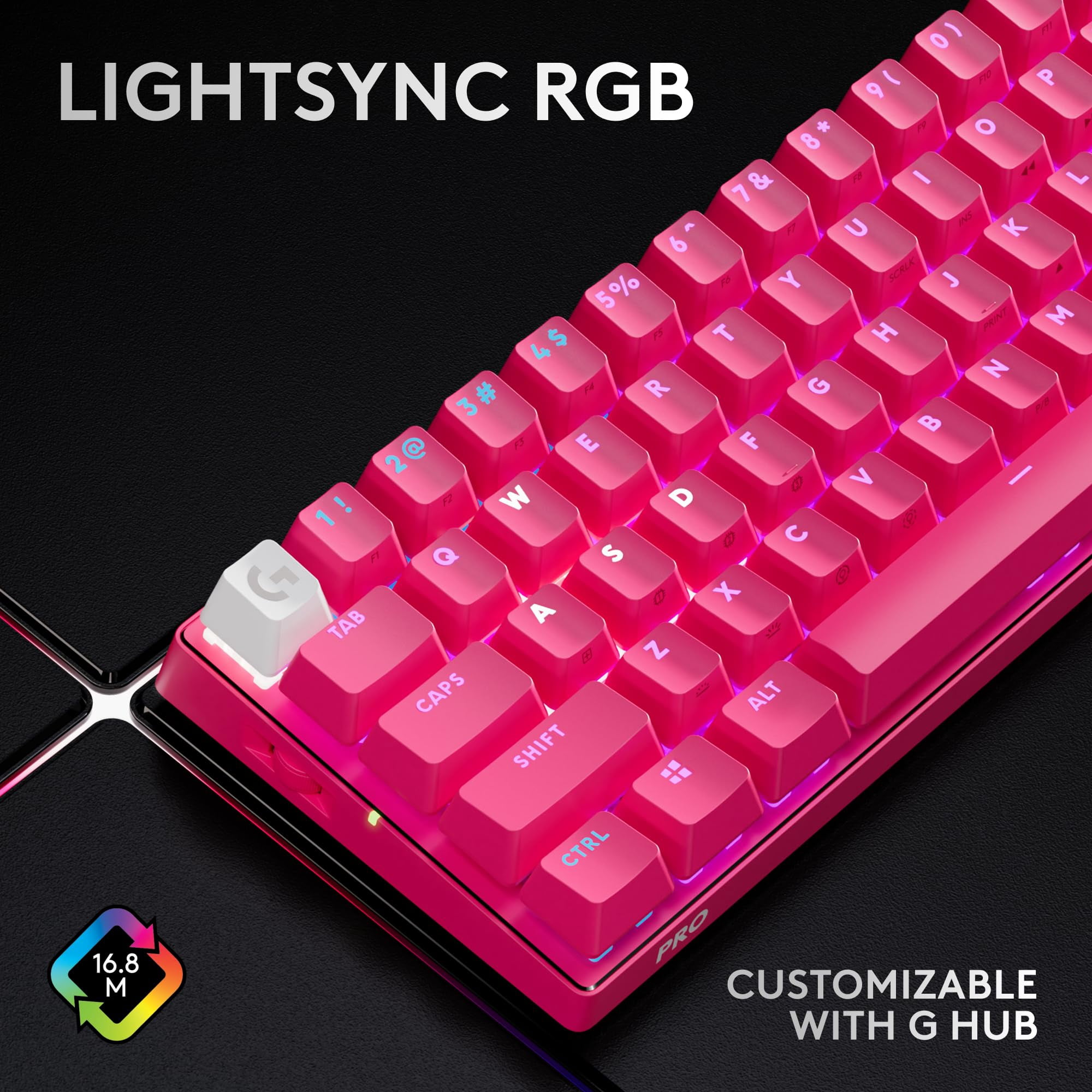 Logitech 920-011940, PRO X 60 LIGHTSPEED TKL 60% Wireless Mechanical Tactile Switch Gaming Keyboard, Magenta, Computer Keyboards, Pink, 1