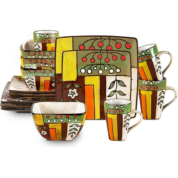 Stoneware Artisan Hand Painted Spring Garden, 16pc Reactive Glaze Dinnerware Set