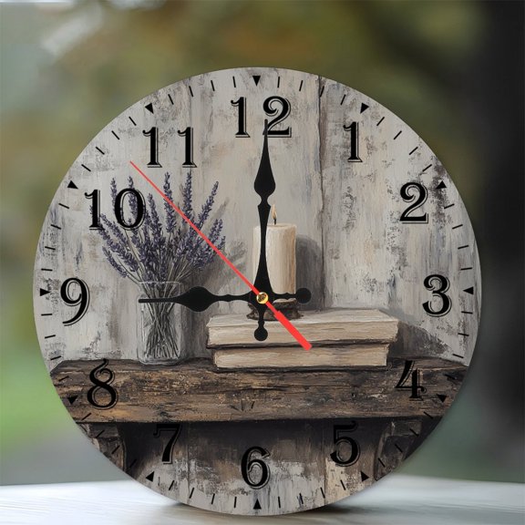10-Inch Silent Wooden Wall Clock, " Lavender Candle Books Clock Mantel "  Silent Non-Ticking Clock, Battery Operated (AA Batteries Not Included), Artistic Home Decor