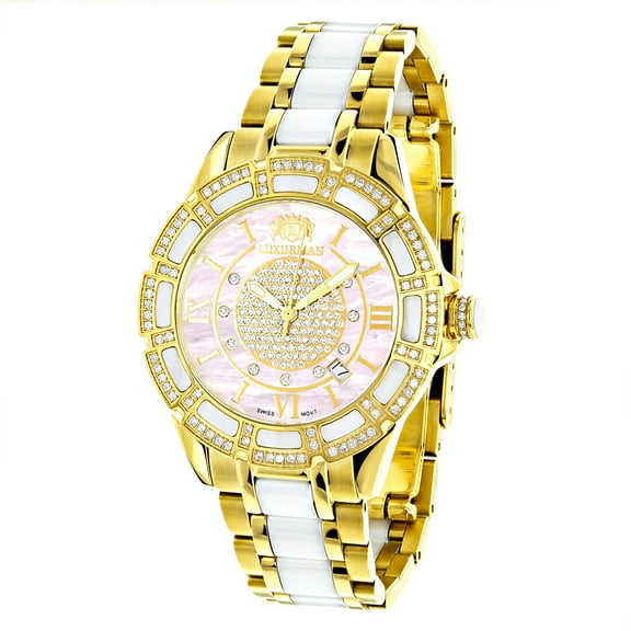 Diamond Watches 18k Ladies Yellow Gold Plated Stainless Steel White Ceramic Watch with Swiss Mvt Pink MOP