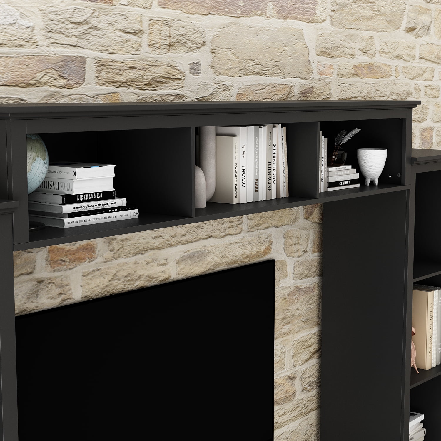 OXYLIFE Large Entertainment Center with Bookcase, TV Media Center Console Table with Open Shelves and Glass Door, Black