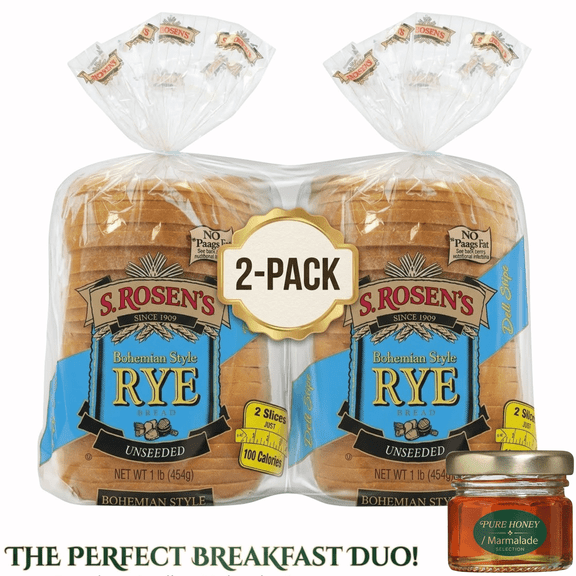 S. Rosen's Bohemian Style Rye Bread Unseeded Thin-Cut 2 Slices Just 100 Calories 2-Pack 1 lb (454g)