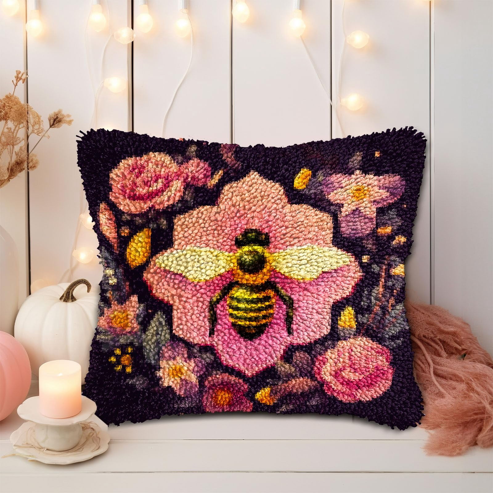 Cartoon Bee among Flowers DIY Latch Hook Pillow Kits for Adults Printed Pillowcase Crochet Yarns Hooking Handmade Pillow Cover Cushion for Home Sofa Decoration 17x17inch