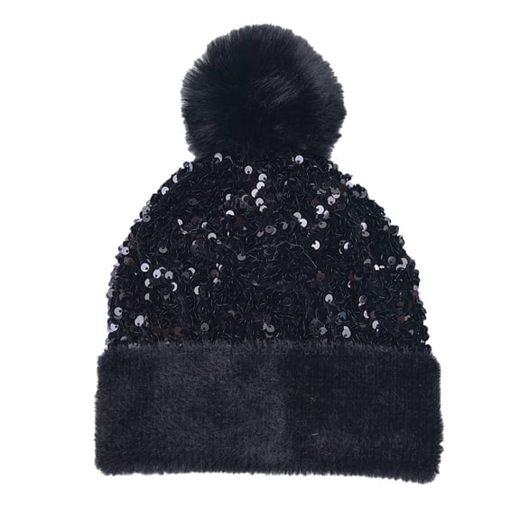 Women's Sequin Soft Knit Sparkly Bling Winter Hats, Stylish Sequin Beanie with Faux Mink Ball, Warm and Snug for Cold Weather