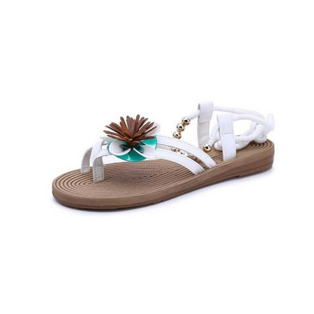 

TUOBARR Toe Ring Sandals Women Women s Sandals Fashion Clip Toe Lace-up Roman Flat Sandals White