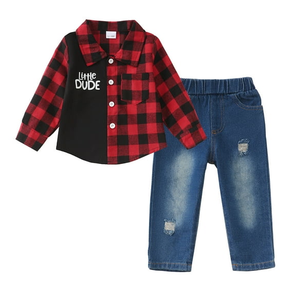 3T Baby Boys Clothes 4T Boys 2PCS Denim Outfits Set Letter Print Toddler Boys Long Sleeve Plaid Top Denim Pants Set Red