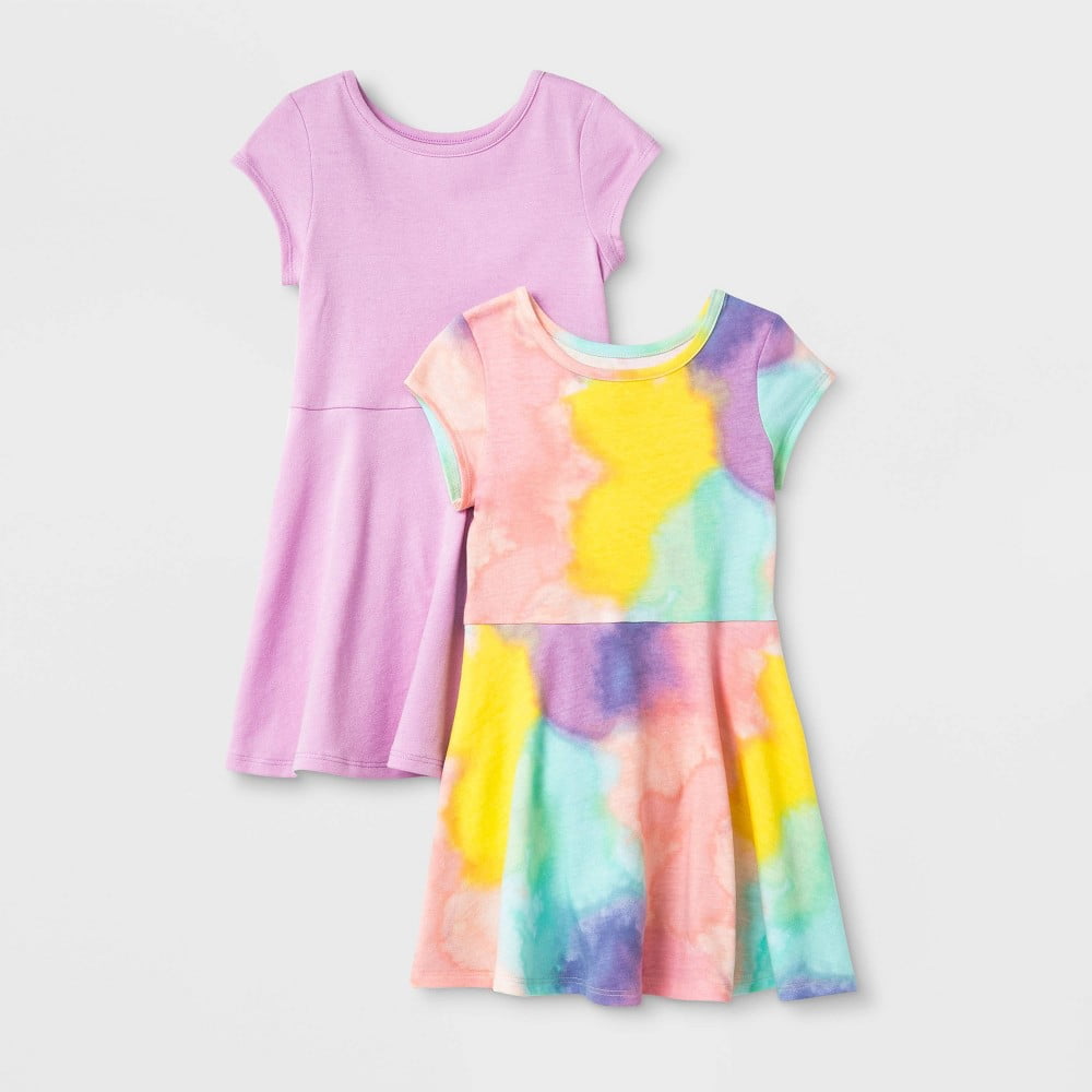 Cat & Jack Toddler Girls' 2-Pack Rainbow and Aqua Dresses, Peach/Aqua, 18M  