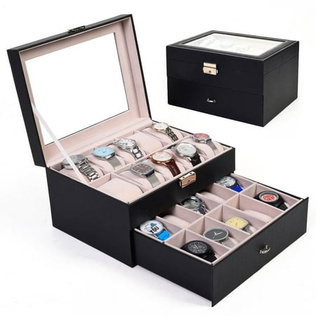 Glass Top Metal Finish - Large 20 Slot Leather Watch Box Display Case Organizer Glass Top Jewelry Storage Finished With Smooth Lines And Beautiful Craft Silvery Metal Lock, It has Transparent.., By Generic