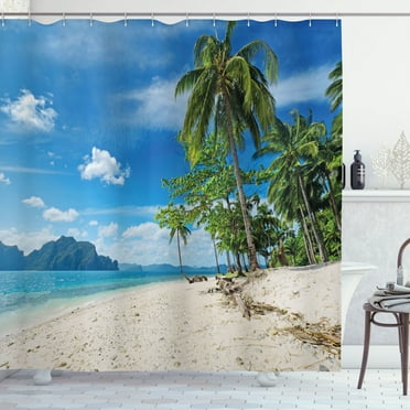 Ambesonne Landscape Shower Curtain, Sea Palms Mountains, 69"Wx70"L, Blue Cream Green