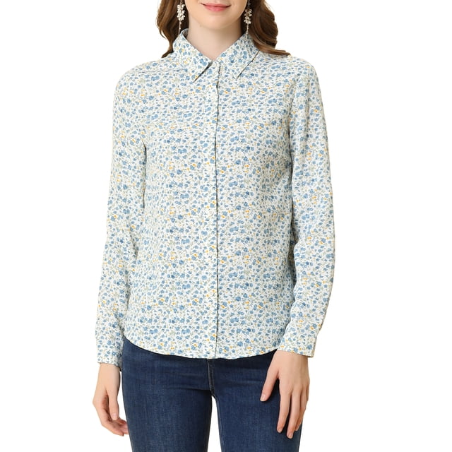 INSPIRE CHIC Chemise Boutonnée pour Femme à Petites Fleurs à Manches Longues Col en Pointe Haut de Bureau L Blanc-Bleu Floral