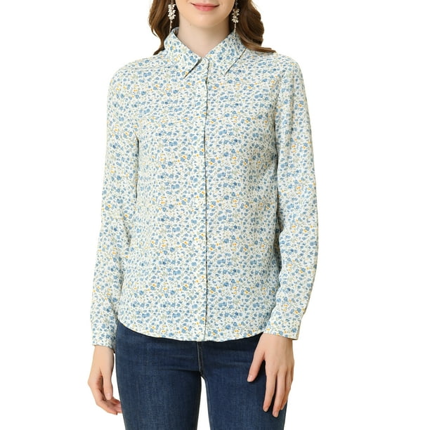 Camisa de mujer de botones INSPIRE CHIC con estampado floral, de manga larga, cuello de punta, para oficina, XS, blanca con azul floral