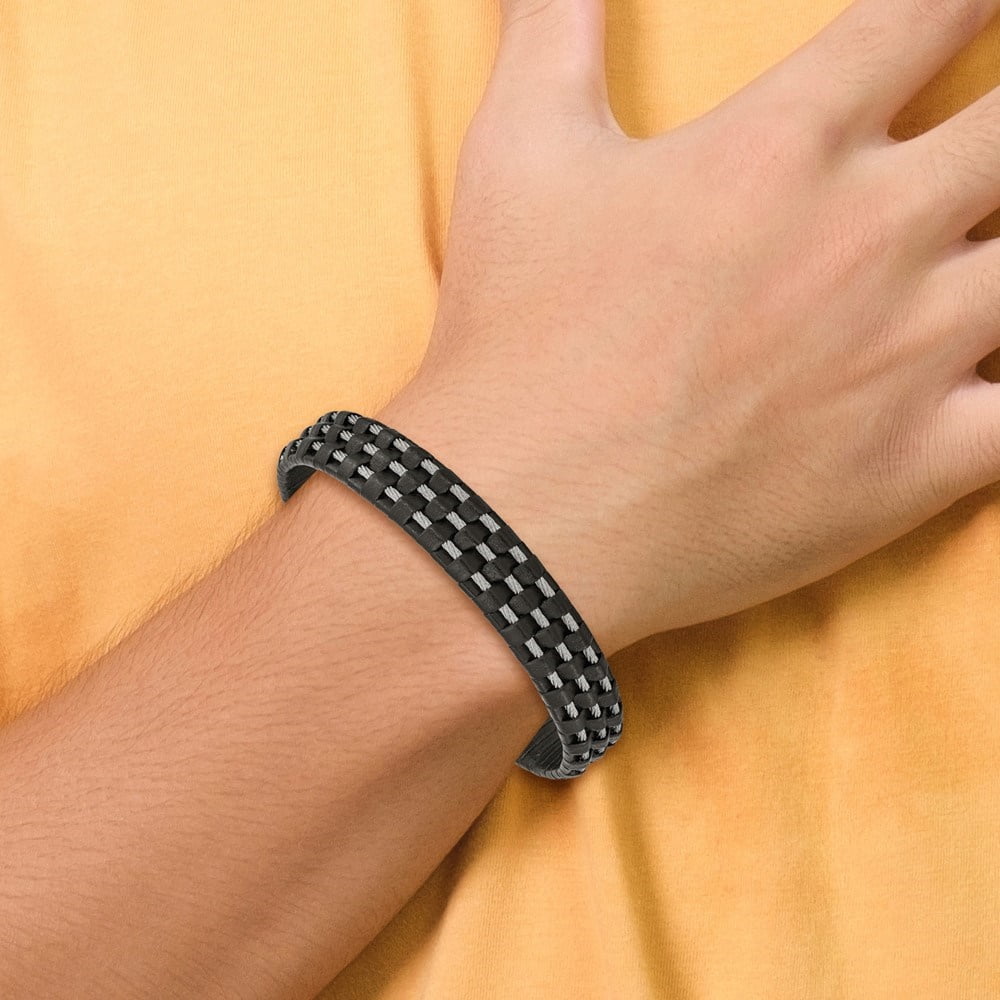 Diamond2Deal Stainless Steel Polished Wire Cable and Black Leather Bracelet for Men 8.5"